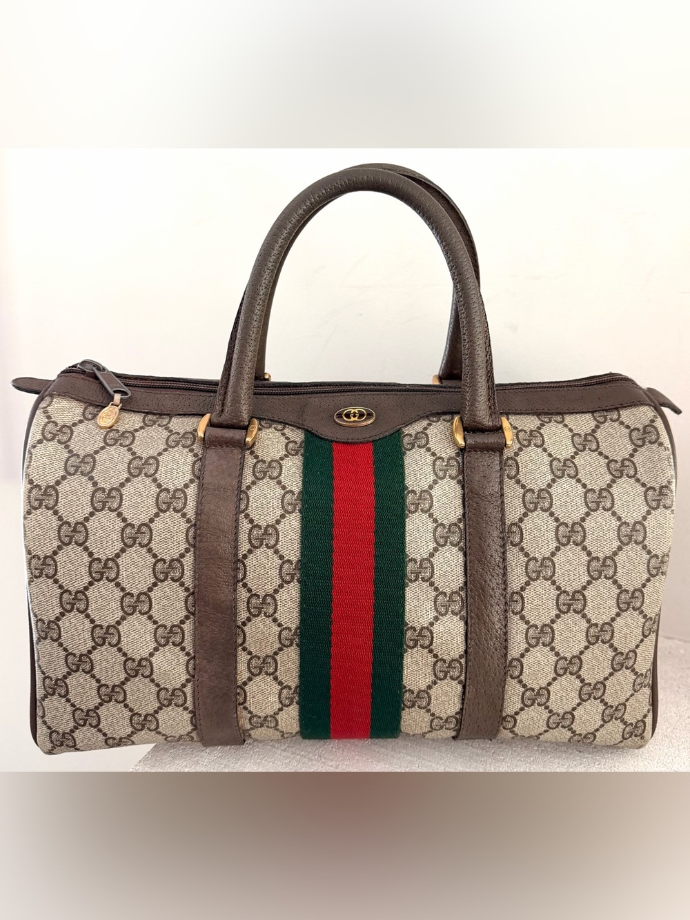 GUCCI Vintage GG Supreme Web Stripe Boston Bag 69.02.007
